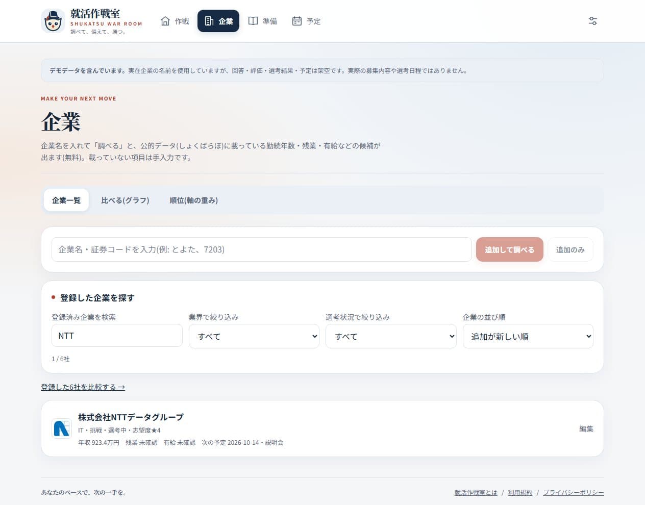 登録済み企業の検索欄にNTTと入力し、6社からNTTデータグループ1社に絞ったPC画面